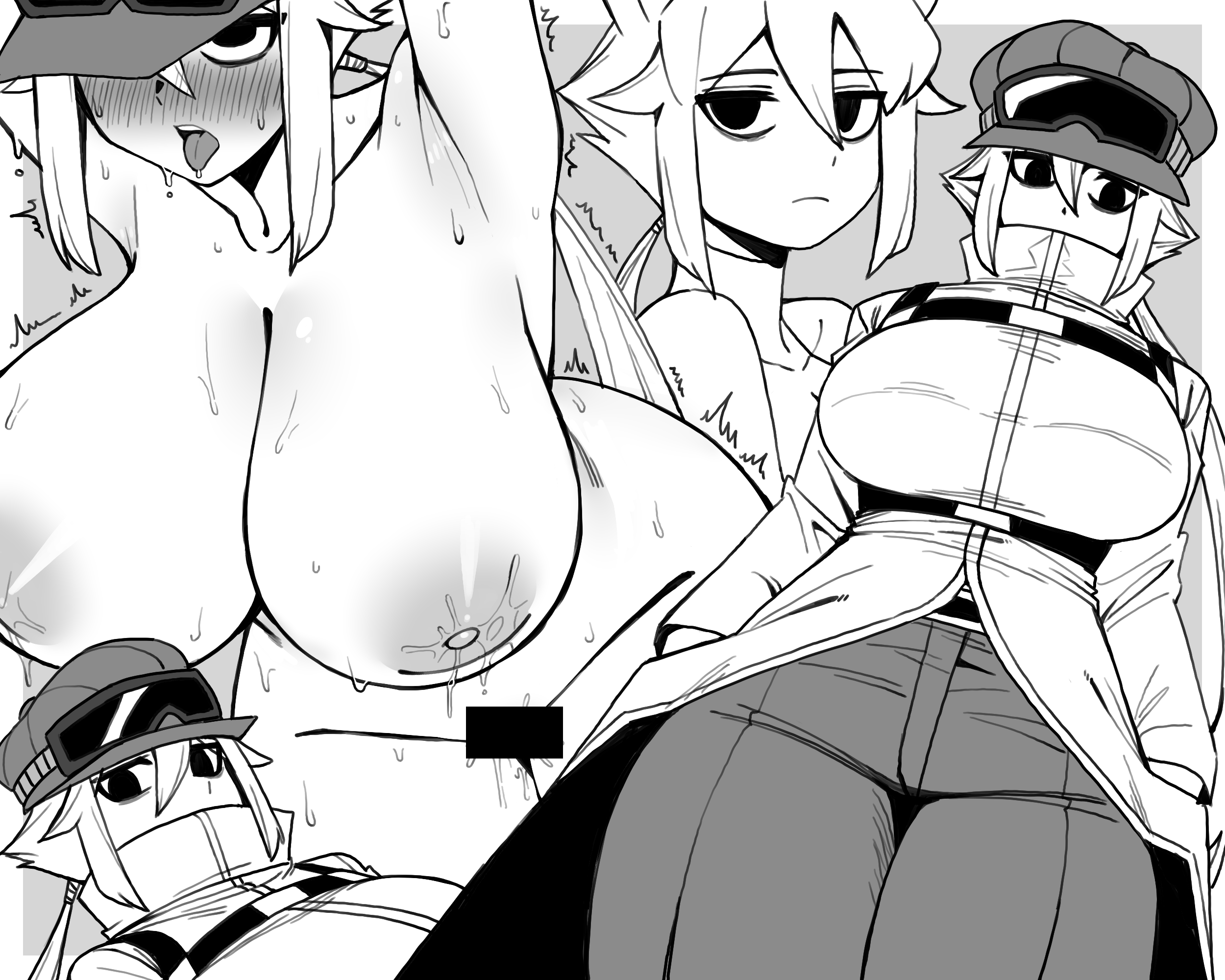 7a (se7ena), character request, commentary, commission, copyright request, english commentary, highres, mixed-language commentary, 1girl, armpits, arms up, bar censor, blush, border, breasts, censored, chest harness, cleavage, closed mouth, coat, double-parted bangs, goggles, goggles on headwear, grey background, greyscale, groin, hair between eyes, harness, hat, huge breasts, long hair, looking at viewer, low ponytail, medium hair, monochrome, multiple views, nipples, no pupils, open mouth, outside border, pants, ponytail, pussy juice, saliva, simple background, sweat, tongue, tongue out, turtleneck coat, very sweaty, white border