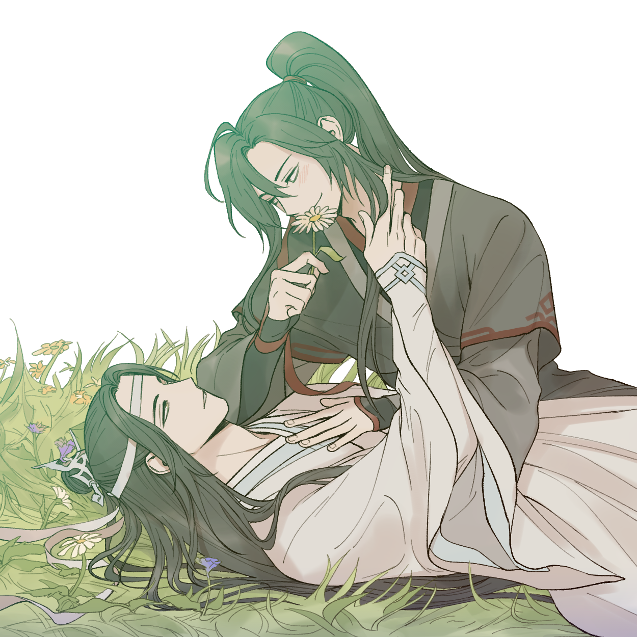lan wangji, wei wuxian, modao zushi, highres, 2boys, ahoge, black eyes, black hair, black hanfu, blue flower, blush, chinese clothes, closed mouth, couple, flower, grass, hair ribbon, hand on another's chest, hanfu, headband, high ponytail, holding, holding another's hair, holding flower, long hair, long sleeves, looking at another, lying, male focus, multiple boys, on back, on grass, parted lips, ponytail, red ribbon, ribbon, robe, sidelocks, simple background, sitting, sleeves past wrists, smile, topknot, upper body, user cwea8478, white background, white flower, white hanfu, white headband, wide sleeves, xiao guan (headdress), yaoi, yellow eyes, yellow flower