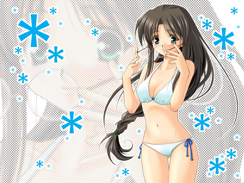 1girl, bikini, black hair, braid, brown hair, female focus, glasses, green eyes, side-tie bikini bottom, smile, solo, swimsuit, zoom layer