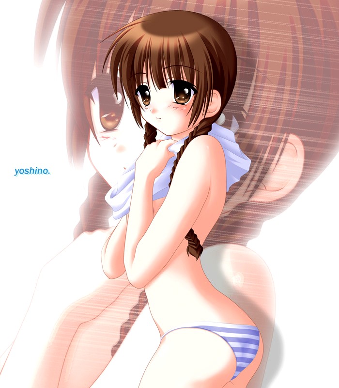 shimazu yoshino, maria-sama ga miteru, 00s, 1girl, braid, character name, female focus, hair over shoulder, lingerie, panties, solo, striped clothes, striped panties, twin braids, underwear, zoom layer
