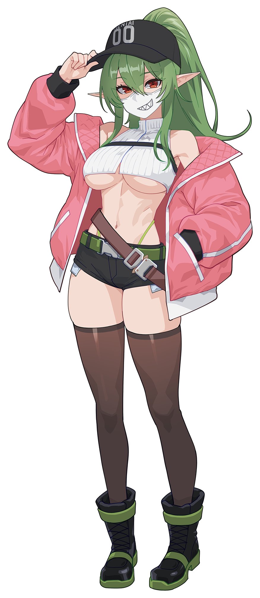 kuso otoko, original, commentary, english commentary, highres, 1girl, arm up, bare shoulders, baseball cap, belt, black boots, black hat, black shorts, boots, breasts, brown thighhighs, crop top, drawn teeth, exposed pocket, full body, green hair, hair between eyes, hand in pocket, hand on headwear, hat, high ponytail, highleg, jacket, large breasts, long hair, looking at viewer, loose belt, mask, midriff, mouth mask, navel, off shoulder, open clothes, open jacket, panty straps, pink jacket, pointy ears, ponytail, red eyes, ribbed shirt, sharp teeth, shirt, short shorts, shorts, simple background, sleeveless, sleeveless shirt, solo, standing, stomach, teeth, thighhighs, thighs, underboob, white background, white shirt