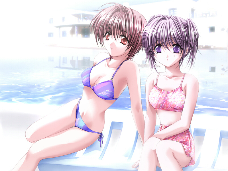 game cg, 2girls, bikini, multiple girls, orange eyes, pool, purple eyes, short hair, swimsuit, tankini