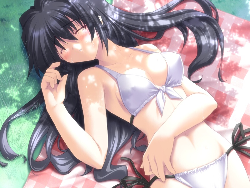 kuzunoha kyouji (sunny side street), kurashige maika, natsuiro ~hoshifuru kohan no natsuyasumi~, game cg, 1girl, bikini, black hair, blush, closed eyes, dappled sunlight, day, female focus, grass, long hair, side-tie bikini bottom, solo, sunlight, swimsuit, white bikini