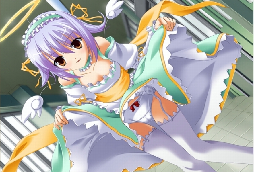 souryuu (double dragon), asaka yuriko, papikon, game cg, 1girl, blue hair, bow, bow panties, brown eyes, clothes lift, curtsey, dress, dress lift, dutch angle, female focus, frilled thighhighs, frills, garter belt, hair ribbon, headdress, lingerie, panties, petticoat, ribbon, short hair, skirt, skirt lift, solo, standing, thigh gap, thighhighs, thighs, underwear, white panties, white thighhighs