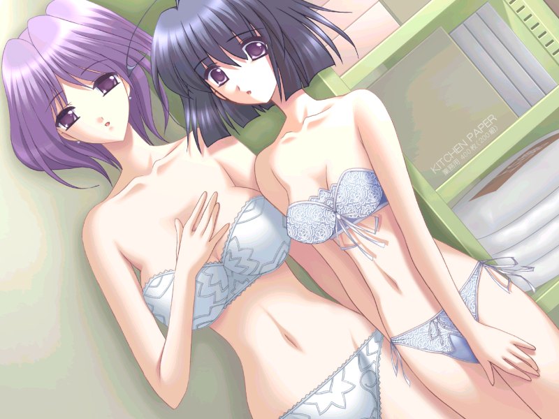 akayama toshifumi, kurano aya, kurano miyu, americano please!, game cg, 2girls, black hair, blue hair, bra, dutch angle, lingerie, multiple girls, panties, purple eyes, purple hair, short hair, side-tie panties, strapless, strapless bra, underwear, underwear only, white panties