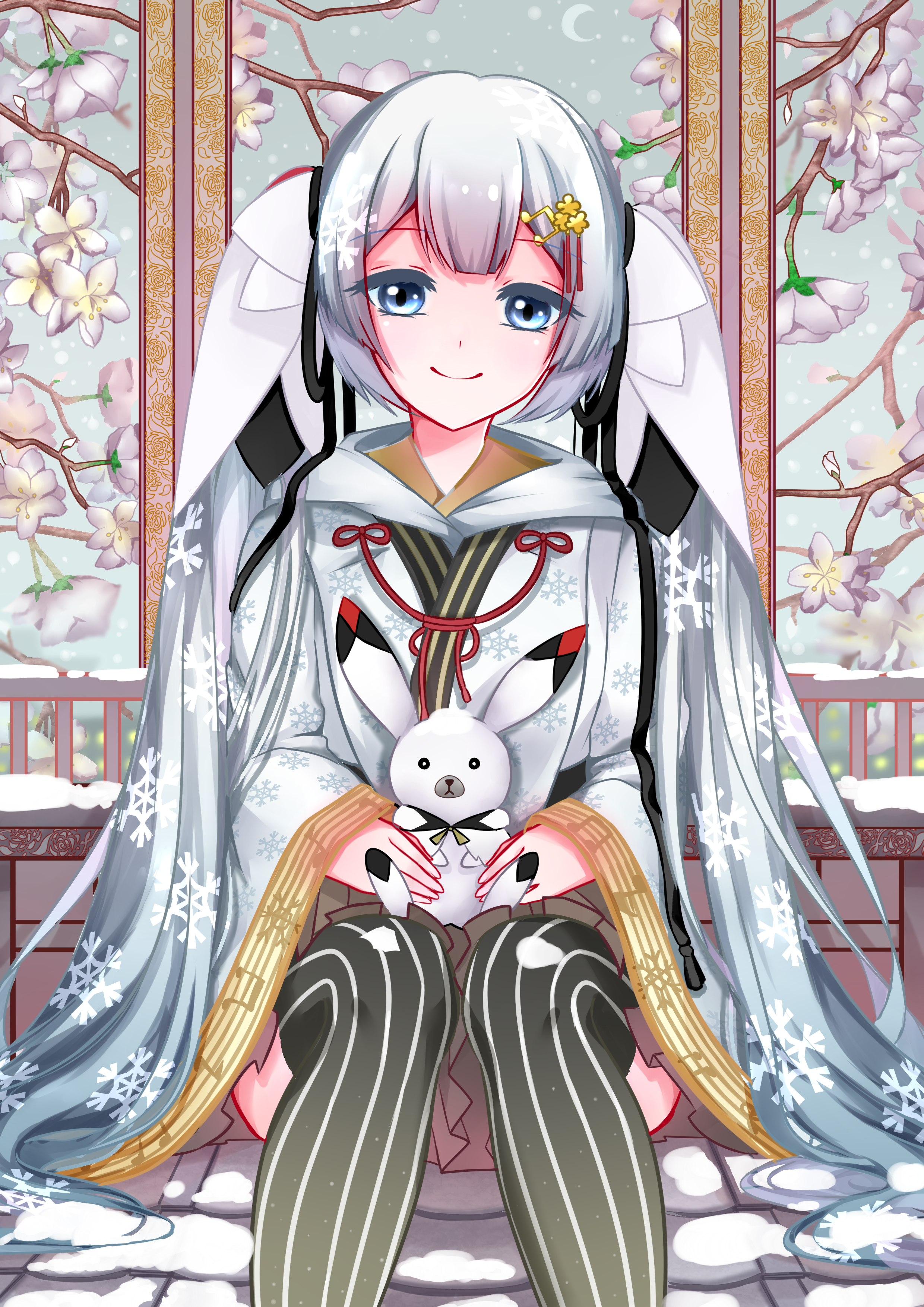 angelyeung238, hatsune miku, rabbit yukine, yuki miku, yuki miku (2018), vocaloid, absurdres, highres, 1girl, 1other, aqua hair, black thighhighs, blush, chihaya (clothing), closed mouth, fortissimo, hair ornament, japanese clothes, long hair, looking at viewer, miko, musical note, musical note hair ornament, musical note print, musical staff, musical staff print, official alternate costume, official alternate hairstyle, rabbit, sitting, smile, snow, snowflake print, solo, striped clothes, striped thighhighs, thighhighs, twintails, very long hair