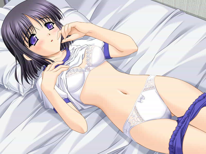 isawa tae, lamune, game cg, 00s, 1girl, bed, bra, buruma, buruma pull, clothes pull, female focus, gym uniform, lingerie, panties, purple eyes, solo, underwear, white bra, white panties