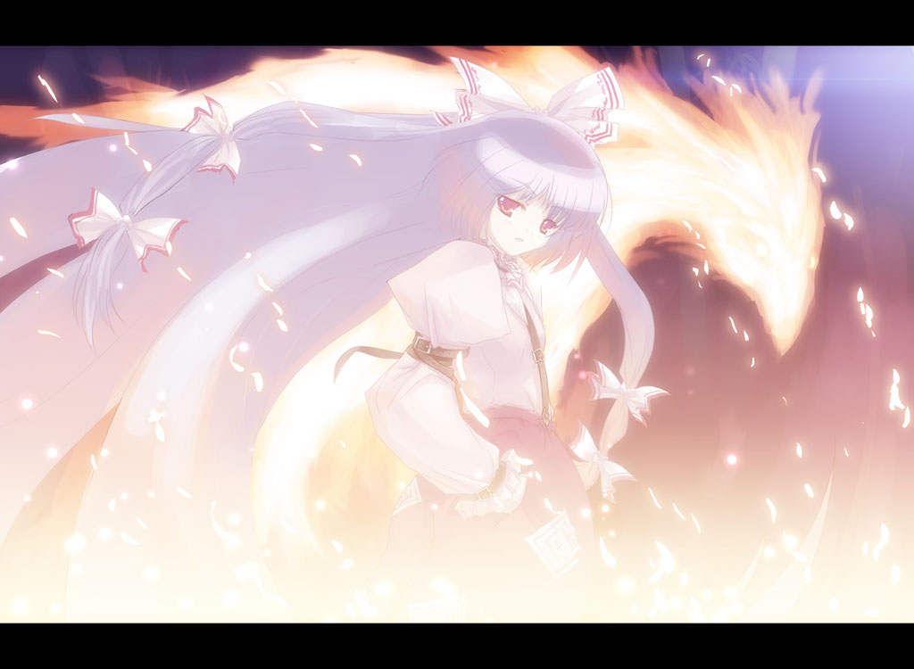 tokiame, fujiwara no mokou, touhou, 1girl, belt, bird, bow, female focus, fire, hand in pocket, letterboxed, long hair, looking back, phoenix, red eyes, ribbon, solo, suspenders, very long hair, white hair