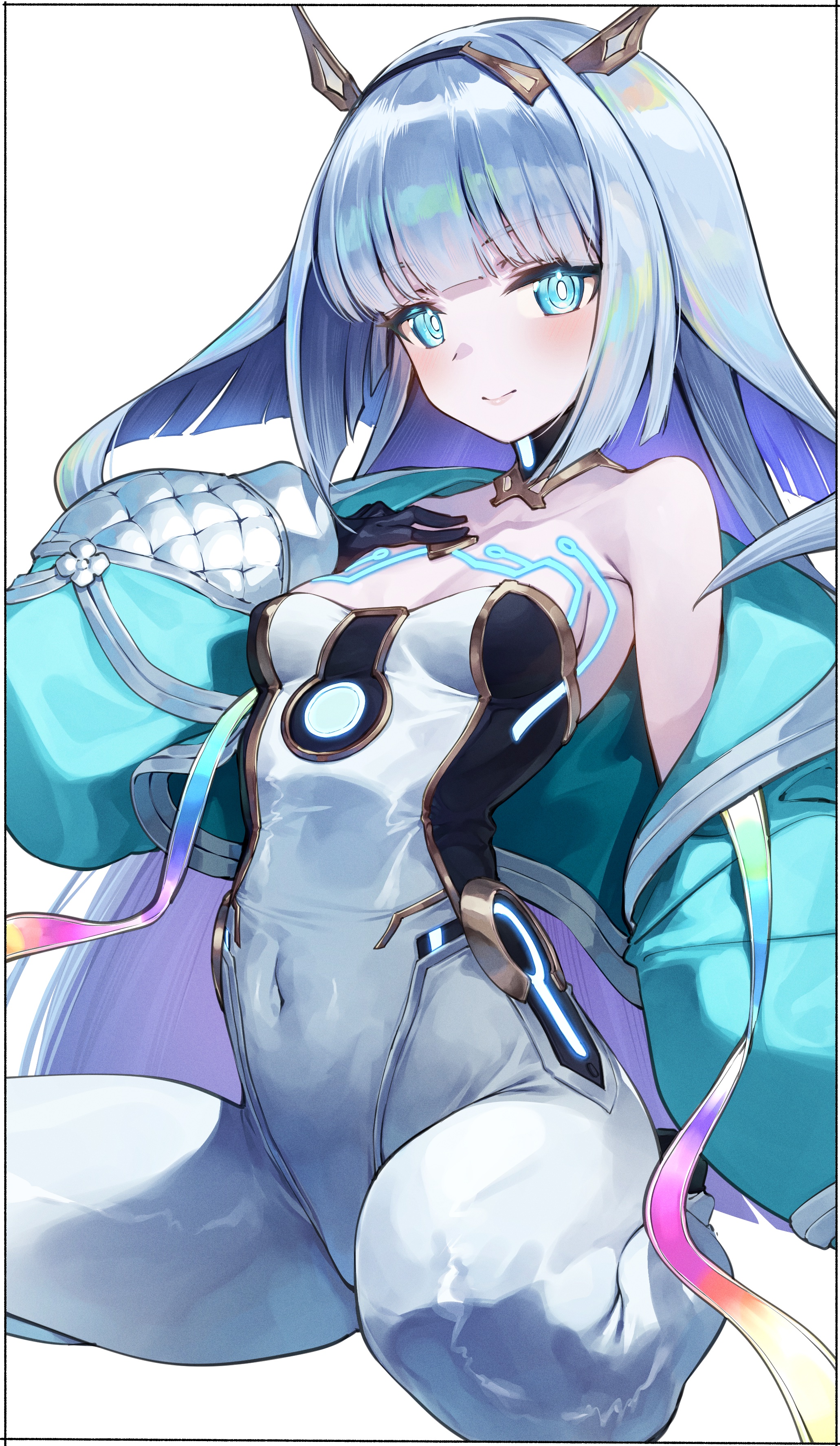 kei (soundcross), eudie (shadowverse), shadowverse, shadowverse: worlds beyond, absurdres, commentary, highres, 1girl, aqua jacket, bare shoulders, black bodysuit, black choker, black gloves, blue eyes, blunt bangs, blunt ends, bodysuit, breasts, bright pupils, choker, gloves, hairband, jacket, long hair, long sleeves, looking at viewer, simple background, small breasts, solo, white background, white bodysuit, white hair, white pupils