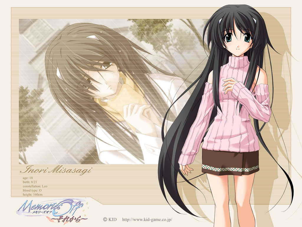 misasagi inori, memories off, 1girl, black hair, brown skirt, character name, coat, detached sleeves, dutch angle, female focus, frown, green eyes, long hair, long sleeves, looking at viewer, outdoors, own hands together, plant, rain, ribbed sweater, school, sidelocks, skirt, solo, standing, sweater, sweater vest, tree, turtleneck, very long hair, water, wet, wet hair