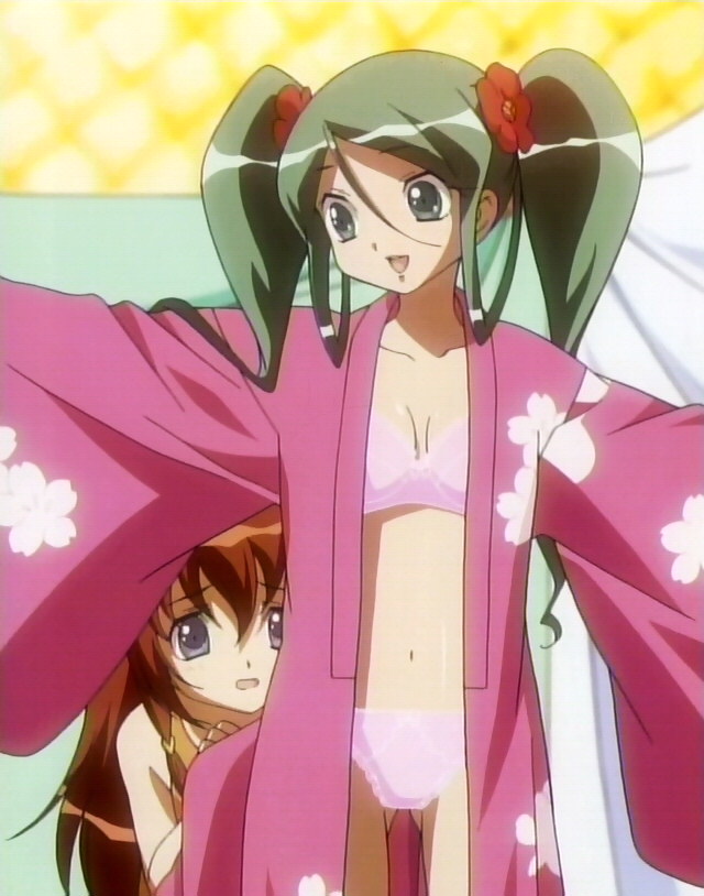 kuroki manatsu, tachibana ichika, utakata, anime screenshot, stitched, third-party edit, 00s, 2girls, blue eyes, bra, dressing, flower, green hair, hair flower, hair ornament, japanese clothes, kimono, lingerie, long hair, multiple girls, panties, pink kimono, purple bra, purple panties, twintails, underwear, yukata