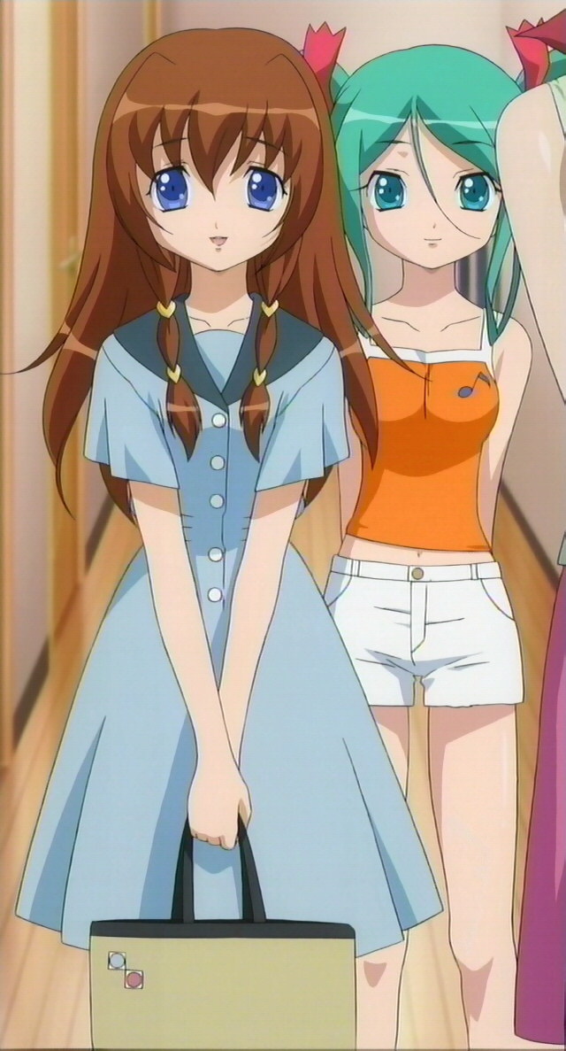 kuroki manatsu, tachibana ichika, utakata, anime screenshot, stitched, third-party edit, 00s, 3girls, blue eyes, brown hair, dress, green hair, long hair, looking at viewer, multiple girls, musical note, navel, shorts, smile, twintails