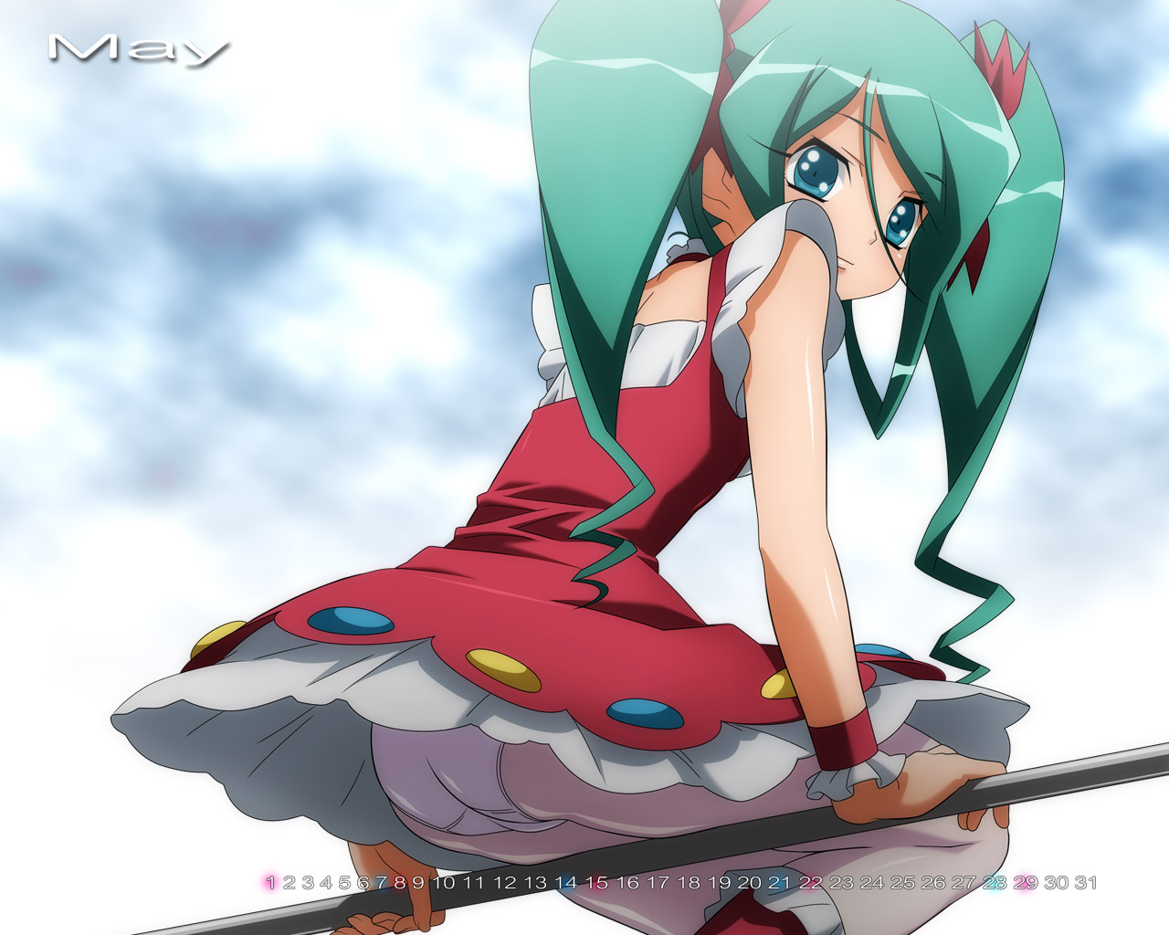 sugimura tomokazu, kuroki manatsu, utakata, 00s, 1girl, ass, back, boots, calendar, dress, drill hair, female focus, green eyes, green hair, hair ribbon, lingerie, long hair, looking back, matching hair/eyes, panties, panties under pantyhose, pantyhose, pantyshot, petticoat, ribbon, sidesaddle, sitting, solo, twintails, underwear, upskirt, white panties, white pantyhose, wristband