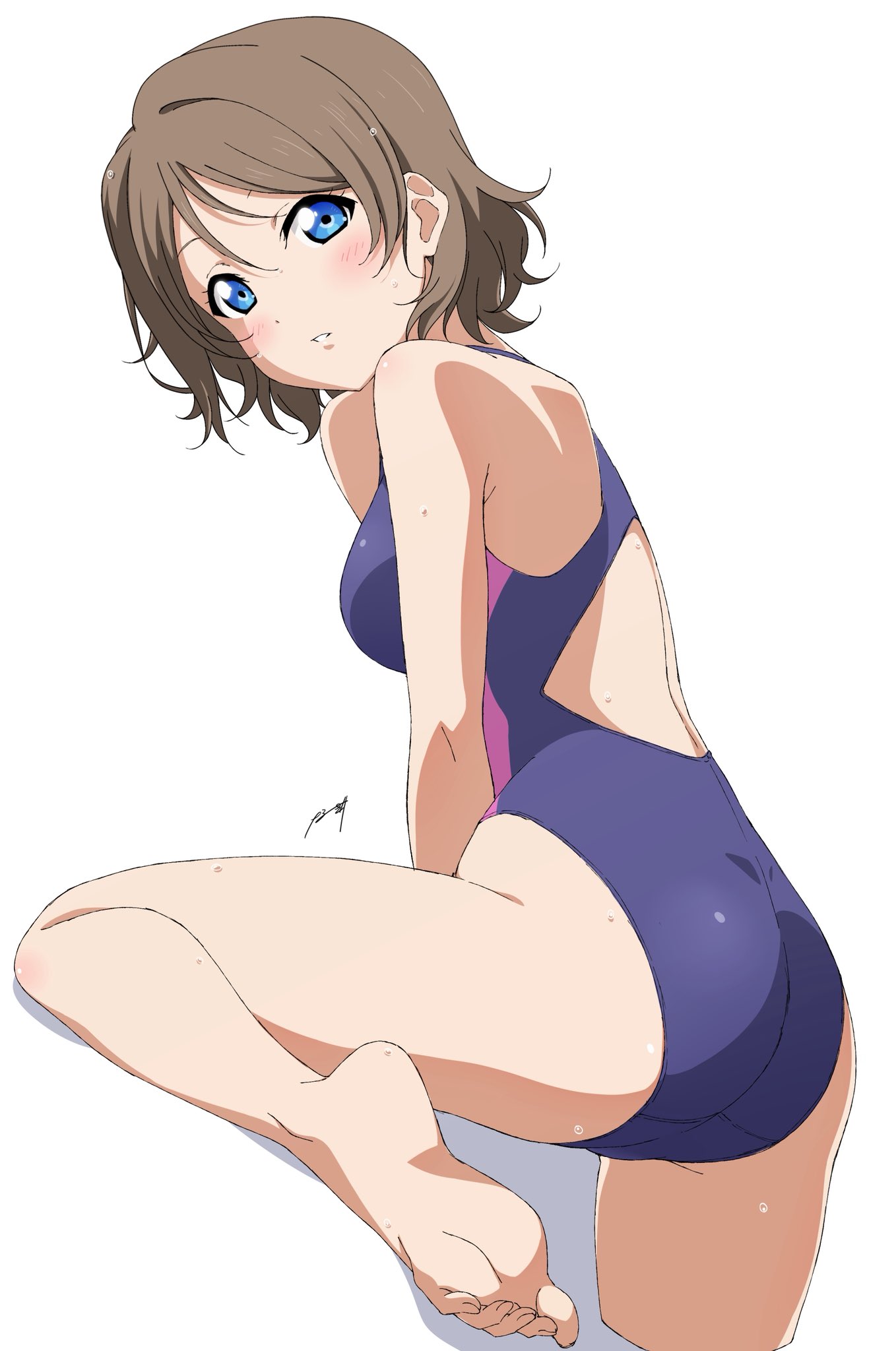 nagi mkrnpn, watanabe you, love live!, love live! sunshine!!, highres, 1girl, ass, barefoot, blue eyes, blush, breasts, brown hair, competition swimsuit, feet, looking at viewer, one-piece swimsuit, poolside, purple one-piece swimsuit, short hair, sideboob, signature, soles, solo, swimsuit, thighs, white background
