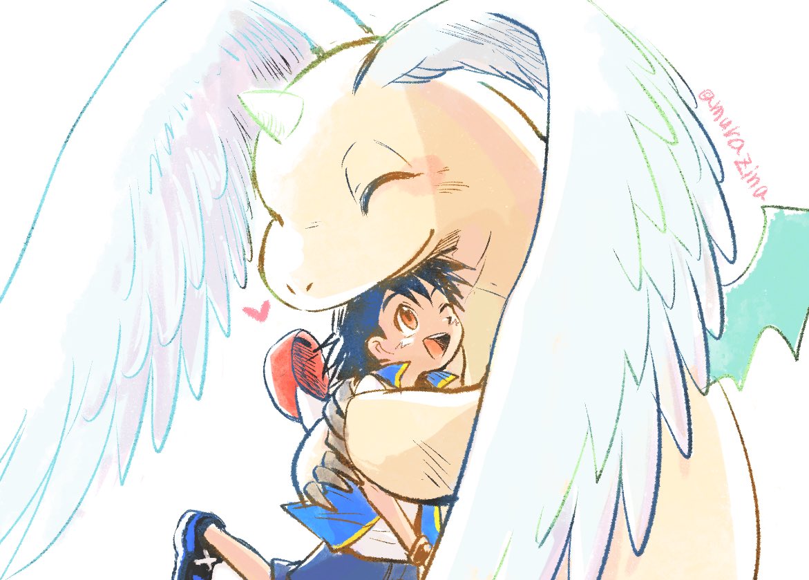 muraziti-zu, ash ketchum, dragonite, mega dragonite, nintendo, pokemon, pokemon (anime), commentary, commentary request, 1boy, ^ ^, artist name, baseball cap, black hair, blue jacket, blue shorts, blush, brown eyes, claws, closed eyes, double arm hug, gen 1 pokemon, hat, head wings, heart, horns, hug, jacket, looking up, male focus, one eye closed, open clothes, open jacket, open mouth, red hat, shirt, shoes, short hair, shorts, simple background, single horn, smile, teeth, tongue, upper teeth only, white background, white shirt, white wings, wings, wristband