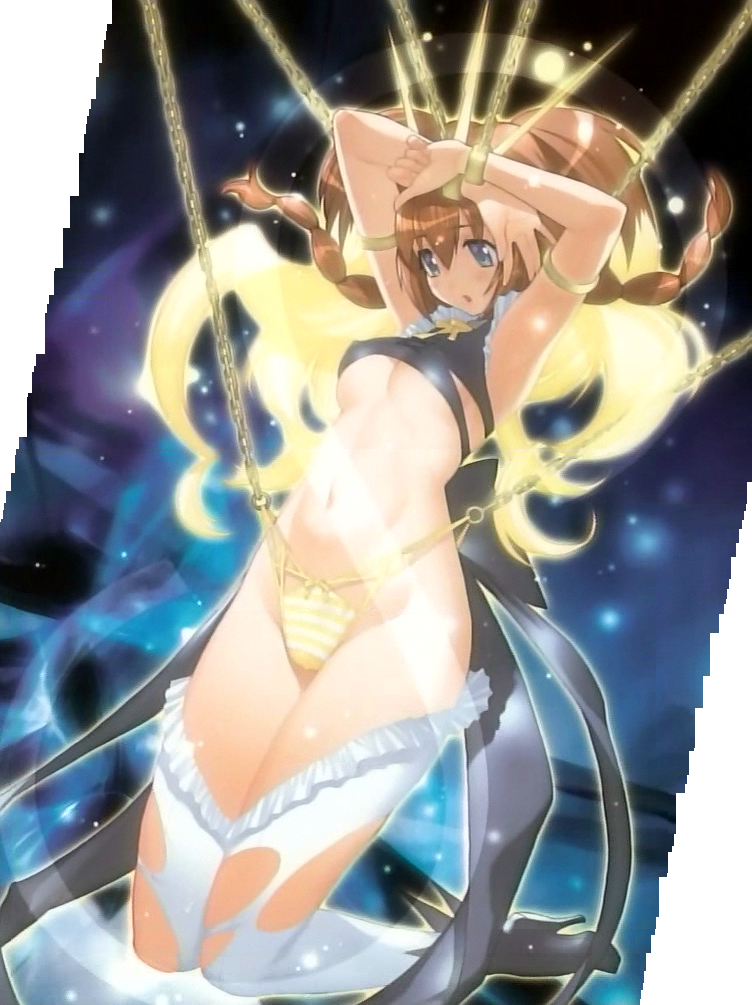 yoshizaki mine, tachibana ichika, utakata, anime screenshot, stitched, third-party edit, 00s, 1girl, black bra, bra, breasts, chain, female focus, highleg, highleg panties, lingerie, medium breasts, panties, side-tie panties, solo, striped clothes, striped panties, thighhighs, transparent background, underboob, underwear, wedgie, yellow panties