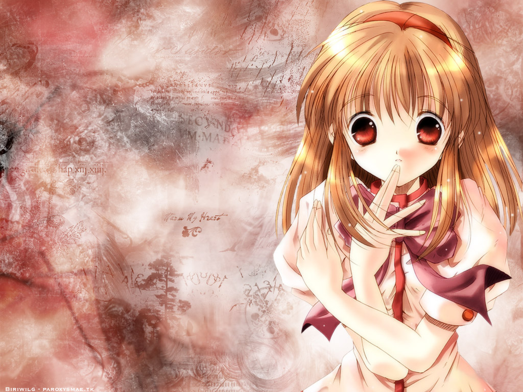 tsukimiya ayu, kanon, 1girl, blonde hair, blush, bow, bowtie, brown eyes, brown hair, female focus, finger to mouth, hairband, red eyes, short sleeves, simple background, solo, upper body