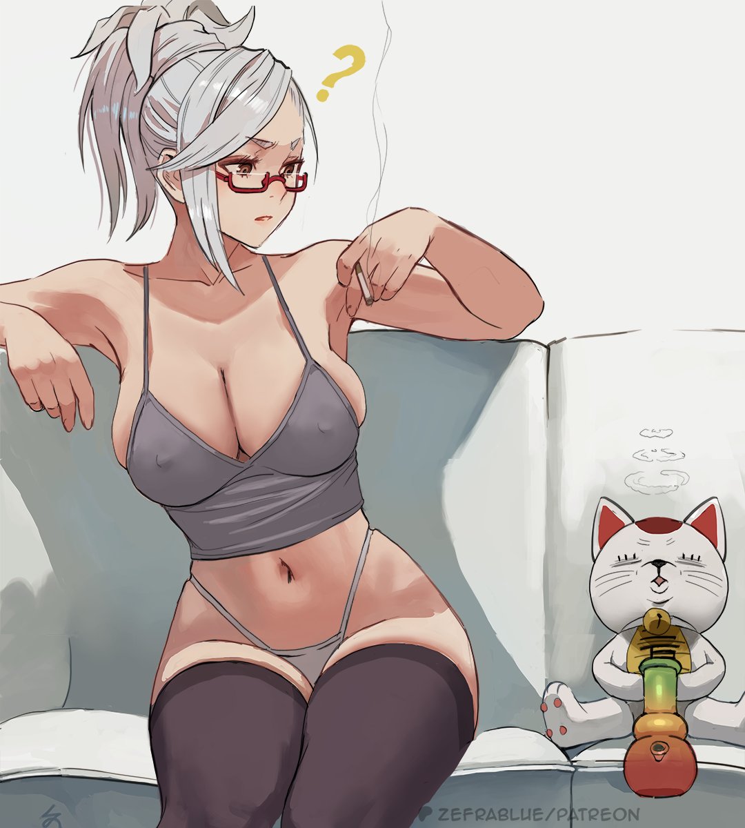 zefrableu, ayase seiko, turbo granny (dandadan), dandadan, commentary, english commentary, highres, 1girl, ?, black thighhighs, breasts, camisole, cigarette, cleavage, closed mouth, collarbone, couch, glasses, grey camisole, grey hair, grey panties, highleg, highleg panties, holding, holding cigarette, large breasts, long hair, looking to the side, navel, no pants, on couch, panties, patreon logo, patreon username, red-framed eyewear, red lips, semi-rimless eyewear, sitting, skindentation, thighhighs, thighs, underwear