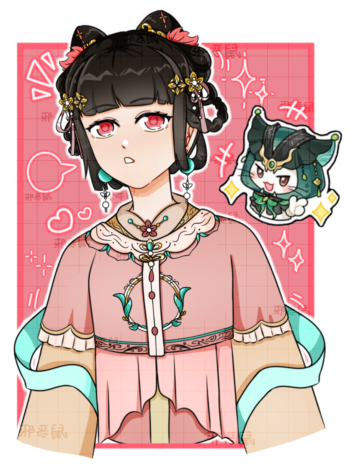 momo (nikki), infinity nikki, nikki (series), chinese commentary, commentary request, highres, making-of available, +++, 1girl, animal, black cloak, black hair, blank speech bubble, border, bow, bow-shaped hair, bowtie, braid, braided hair rings, brown eyes, brown sleeves, buttons, cat, chinese clothes, circlet, cloak, clothed animal, cropped torso, double bun, ear covers, expressionless, eyelashes, floral print, frilled sleeves, frills, ganbaoahei, gold circlet, gossamer moonfairy (infinity nikki), green bow, green bowtie, green hood, hagoromo, hair bun, hair rings, hanfu, heart, hood, hood up, hooded cloak, layered sleeves, long sleeves, looking ahead, motion lines, official alternate costume, open mouth, outline, outside border, pink background, pink eyes, pink hanfu, sample watermark, shawl, short hair, short over long sleeves, short sleeves, smile, snapping fingers, solo, sparkle, speech bubble, sphere hair ornament, too many watermarks, watermark, watermark grid, whiskers, white border, white cat, white outline