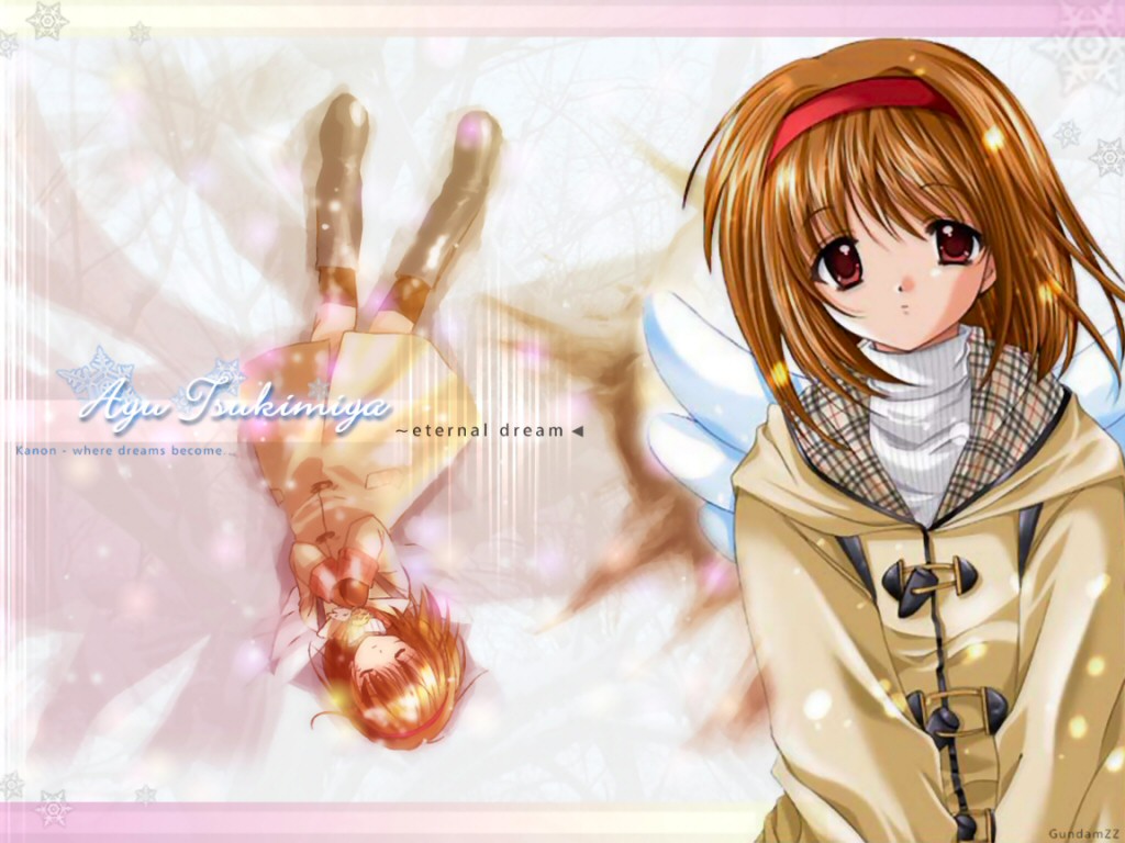 komatsu eiji, nishimata aoi, tsukimiya ayu, kanon, third-party edit, 1girl, boots, brown eyes, brown hair, closed eyes, coat, female focus, hairband, mittens, short hair, snowflakes, solo, toggles, upside-down, wings