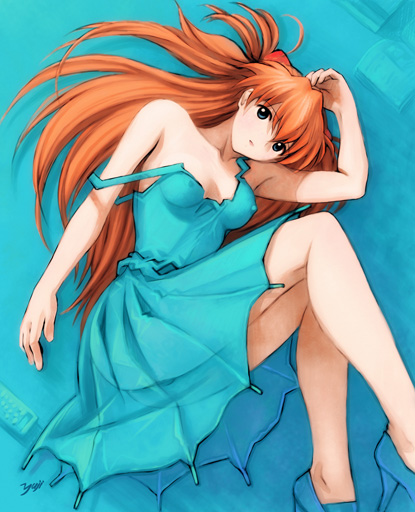 kobayashi yuji, souryuu asuka langley, neon genesis evangelion, 1girl, covered erect nipples, dress, legs, lying, orange hair, red hair, solo
