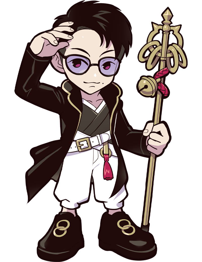 puppeteer7777, crazy raccoon, official art, second-party source, 1boy, :3, anime coloring, baggy pants, bell, belt, black-framed eyewear, black coat, black eyes, black hair, black shoes, closed mouth, coat, collarbone, comb over, crossed belts, facing viewer, fingernails, forehead, full body, gold buckle, gold ring, gradient coat, gradient sleeves, grey kimono, holding, holding staff, japanese clothes, jewelry, jingle bell, kimono, lapels, legs apart, long sleeves, looking at viewer, male focus, mole, mole on cheek, multiple belts, multiple rings, no nose, o-ring, o-ring belt, open clothes, open coat, pants, purple-tinted eyewear, ring, rope, round lapels, shakujou, shoes, short hair, single hair intake, slip-on shoes, smile, solo, staff, standing, sunglasses, sweatpants, tachi-e, tachikawa (gamer), tassel, thick lineart, tinted eyewear, transparent background, undercut, white belt, white pants