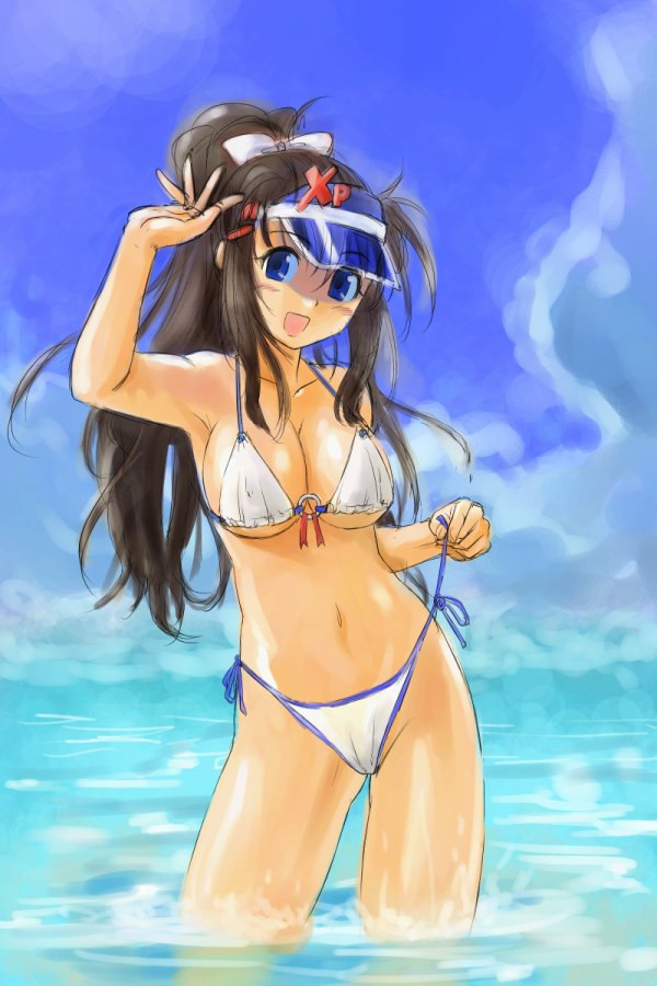 michael f91, xp-tan, os-tan, duplicate, 1girl, beach, bikini, blue eyes, breasts, day, female focus, large breasts, outdoors, ponytail, side-tie bikini bottom, solo, swimsuit, untying, visor cap, white bikini