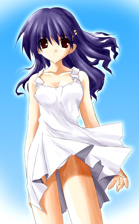 kuzunoha kyouji (sunny side street), original, 1girl, blue hair, brown eyes, dress, female focus, long hair, panties, pantyshot, skirt, solo, standing, sundress, underwear, upskirt, white dress, white panties, white skirt, wind, wind lift