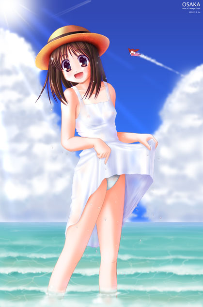 kasuga ayumu, azumanga daiou, 1girl, beach, clothes lift, cloud, contrail, day, female focus, hat, nipples, ocean, outdoors, skirt, skirt hold, skirt lift, solo, straw hat, water, wet