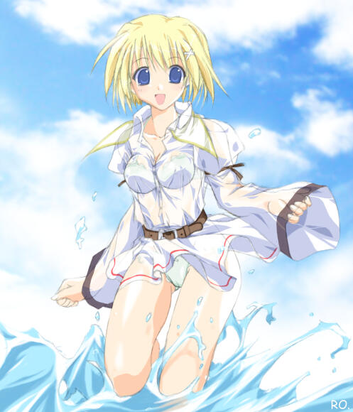gm, tokita, game master, ragnarok online, 1girl, beach, bra, cameltoe, cloud, day, female focus, lingerie, outdoors, panties, see-through clothes, shirt, sky, solo, underwear, water, wet, wet clothes, wet shirt