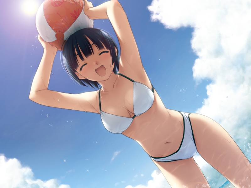 hashimoto takashi, ichinose mio, white breath, game cg, 1girl, ball, beachball, bikini, cloud, day, female focus, outdoors, short hair, sky, solo, swimsuit, white bikini