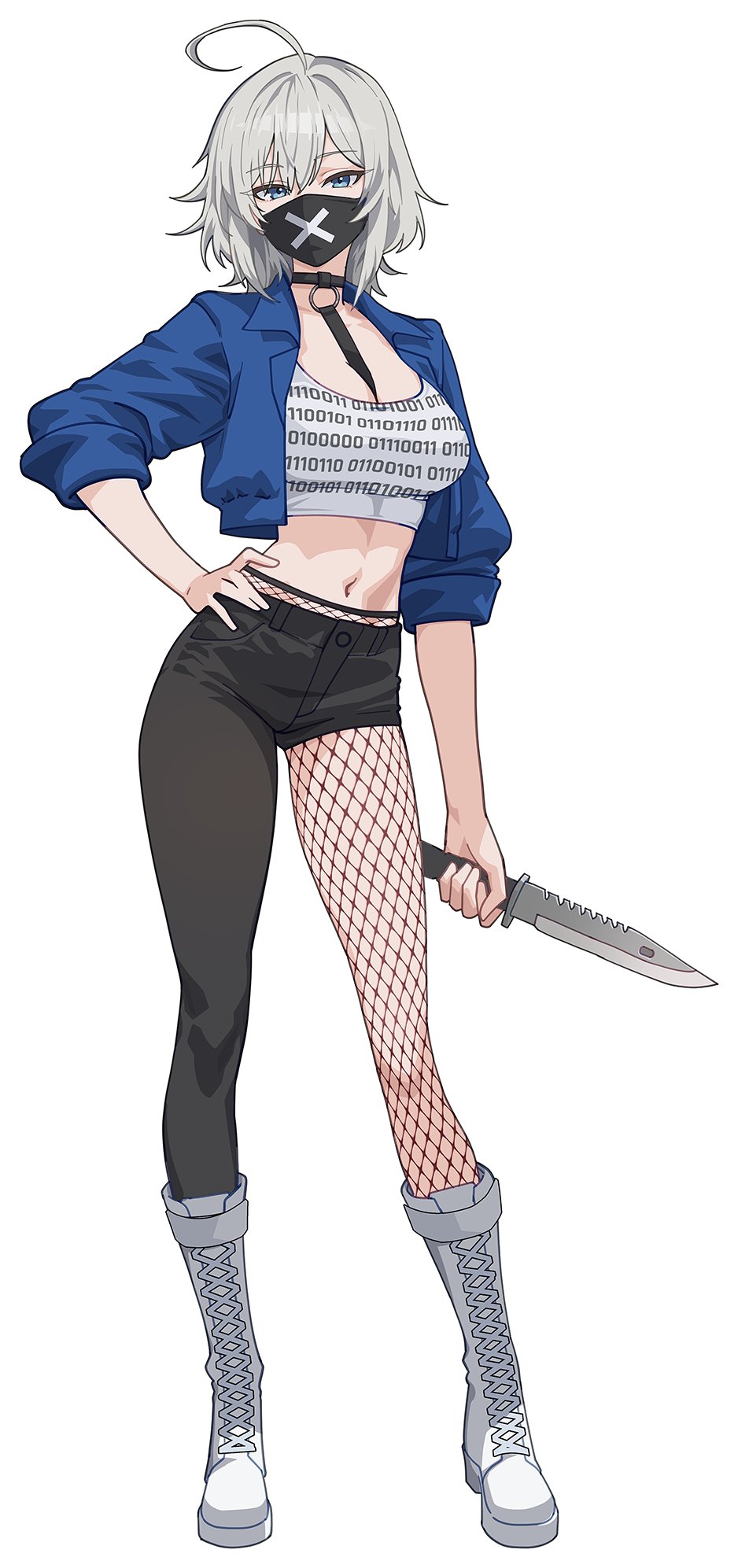 kuso otoko, original, commentary, english commentary, highres, 1girl, ahoge, asymmetrical clothes, binary, black choker, black pants, blue eyes, blue jacket, boots, breasts, choker, collared jacket, combat knife, crop top, fishnet pantyhose, fishnets, full body, hand on own hip, holding, holding knife, jacket, knee boots, knife, lace-up boots, long sleeves, looking at viewer, mask, medium breasts, medium hair, midriff, mouth mask, navel, open clothes, open jacket, pants, pantyhose, shirt, simple background, single pantsleg, solo, stomach, weapon, white background, white boots, white hair, white shirt
