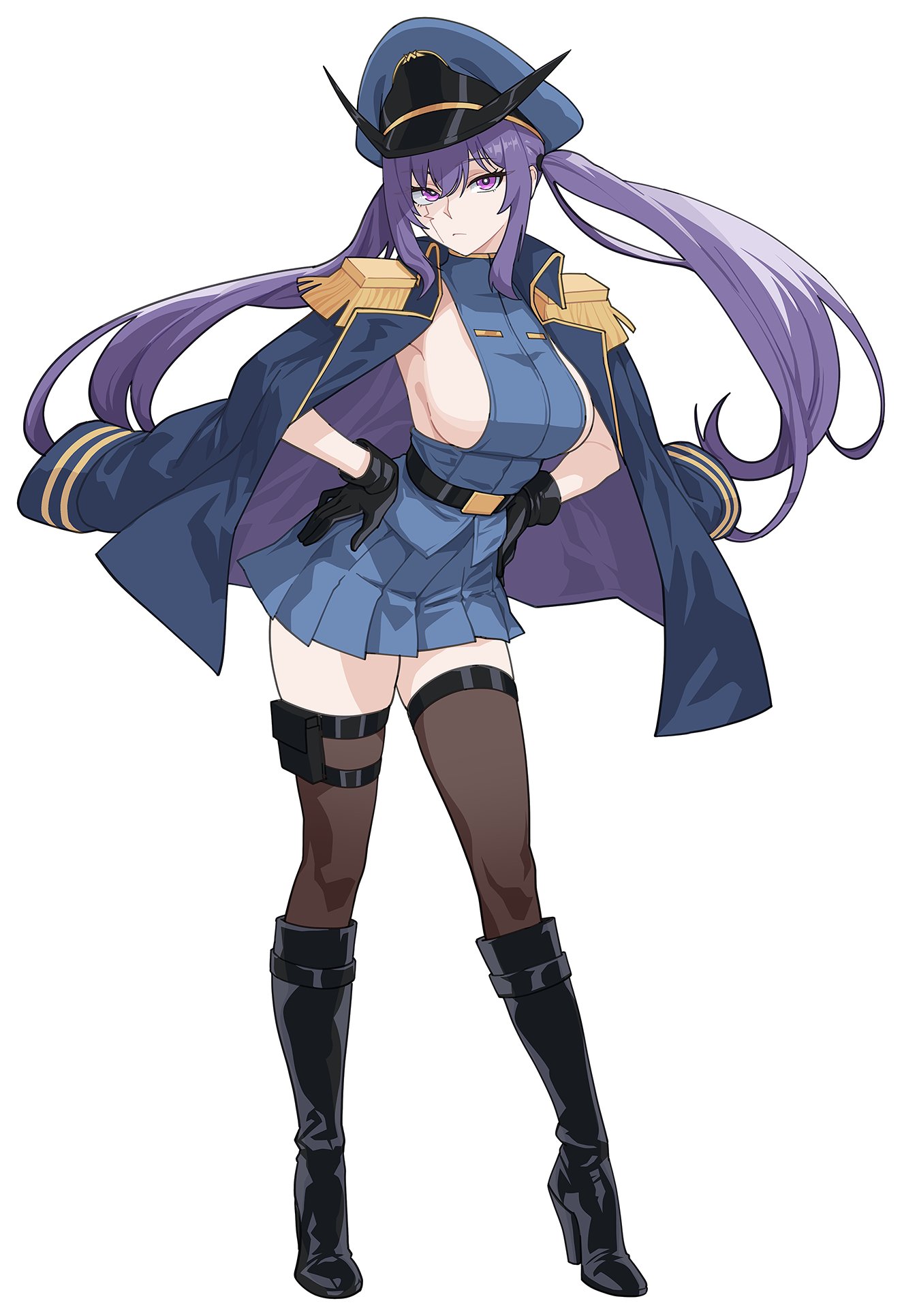 kuso otoko, original, commentary, english commentary, highres, 1girl, armpits, belt, black boots, black gloves, blue jacket, blue shirt, blue skirt, boots, breasts, brown thighhighs, closed mouth, epaulettes, expressionless, facial mark, full body, gloves, hands on own hips, hat, high heel boots, high heels, jacket, jacket on shoulders, knee boots, large breasts, long hair, long sleeves, looking at viewer, military hat, miniskirt, peaked cap, pink eyes, pleated skirt, purple hair, shirt, sideboob, simple background, skirt, sleeveless, sleeveless shirt, solo, standing, thigh strap, thighhighs, twintails, white background, zettai ryouiki