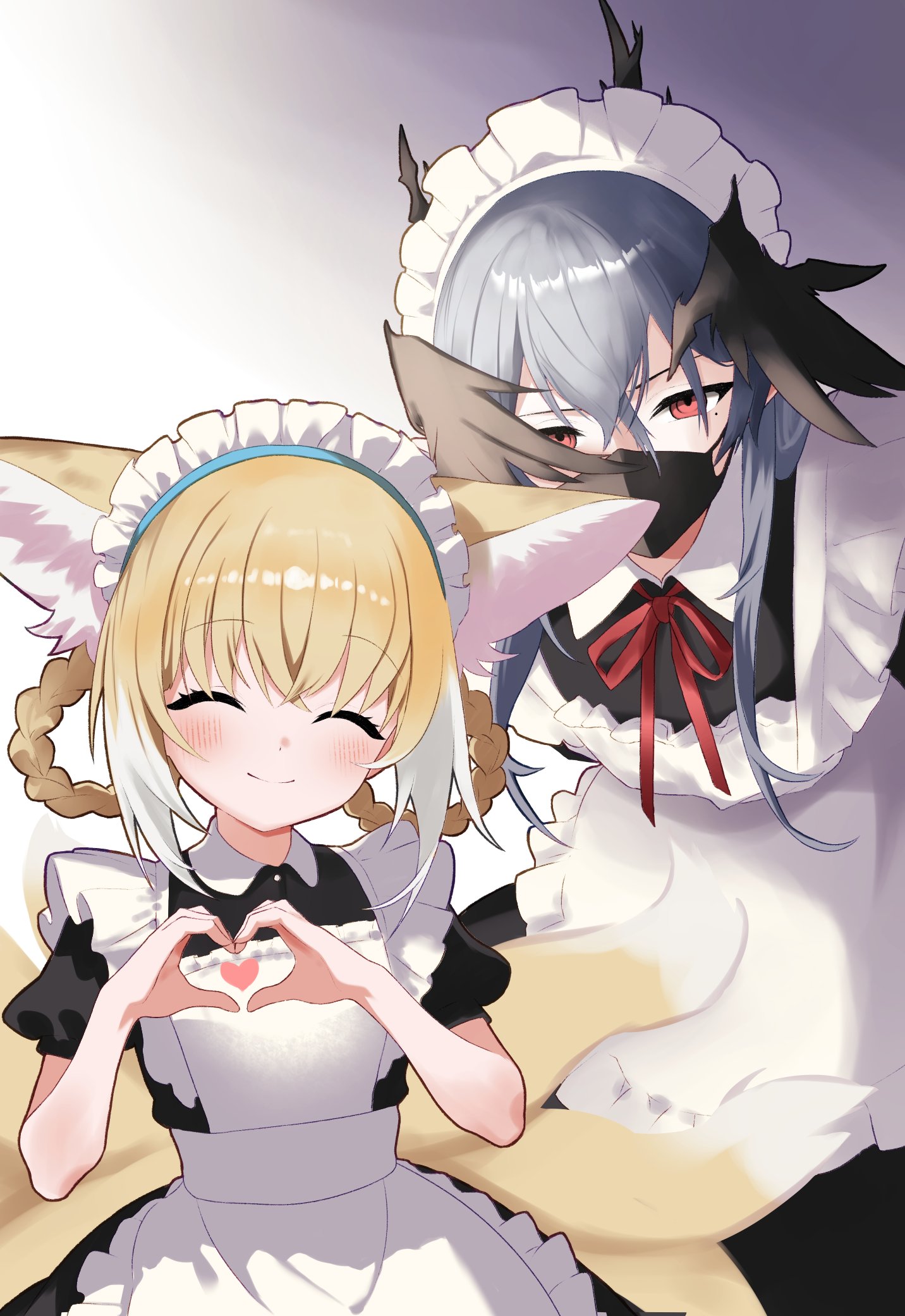 dr.lamina, logos (arknights), suzuran (arknights), arknights, character request, highres, 1boy, 1girl, ^ ^, alternate costume, animal ears, apron, blonde hair, blush, closed eyes, crossdressing, crossdressing (mtf), dress, enmaided, fox ears, fox girl, grey hair, heart, heart hands, maid, maid headdress, male maid, mask, mouth mask, multiple girls, neck ribbon, red eyes, ribbon, short hair, smile