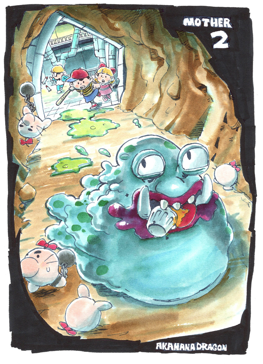 akahanadragon, doseisan, jeff andonuts, ness (mother 2), paula (mother 2), mother (series), mother 2, nintendo, commentary, highres, nib pen (medium), pen (medium), traditional media, 1girl, 2boys, artist name, ball and chain restraint, baseball bat, black eyes, black hair, blonde hair, blue shorts, border, bow, cave, copyright name, creature, dress, glasses, green jacket, green pants, hair bow, hat, holding, holding baseball bat, indoors, industrial pipe, jacket, looking at another, looking back, master belch, missile, monster, multiple boys, open mouth, pants, pink dress, pink shoes, red bow, red hat, red lips, red shoes, shirt, shoes, short hair, shorts, sideways hat, slave, slime (creature), slime (substance), solid oval eyes, standing, striped clothes, striped shirt, sweatdrop, trash can, tusks, whiskers, white border, white shirt, white shoes, yellow shirt