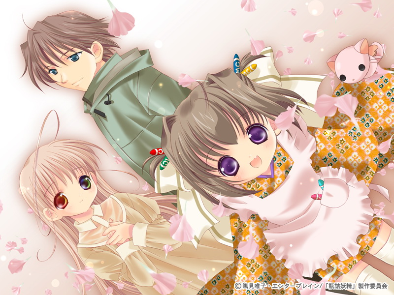 tokumi yuiko, kusachiho, oboro-chan, tamachan (binzume yousei), binzume yousei, 00s, 1boy, 2girls, ahoge, apron, brown hair, cat, crayon, heterochromia, japanese clothes, multiple girls, purple eyes, red eyes, sensei-san, teacher