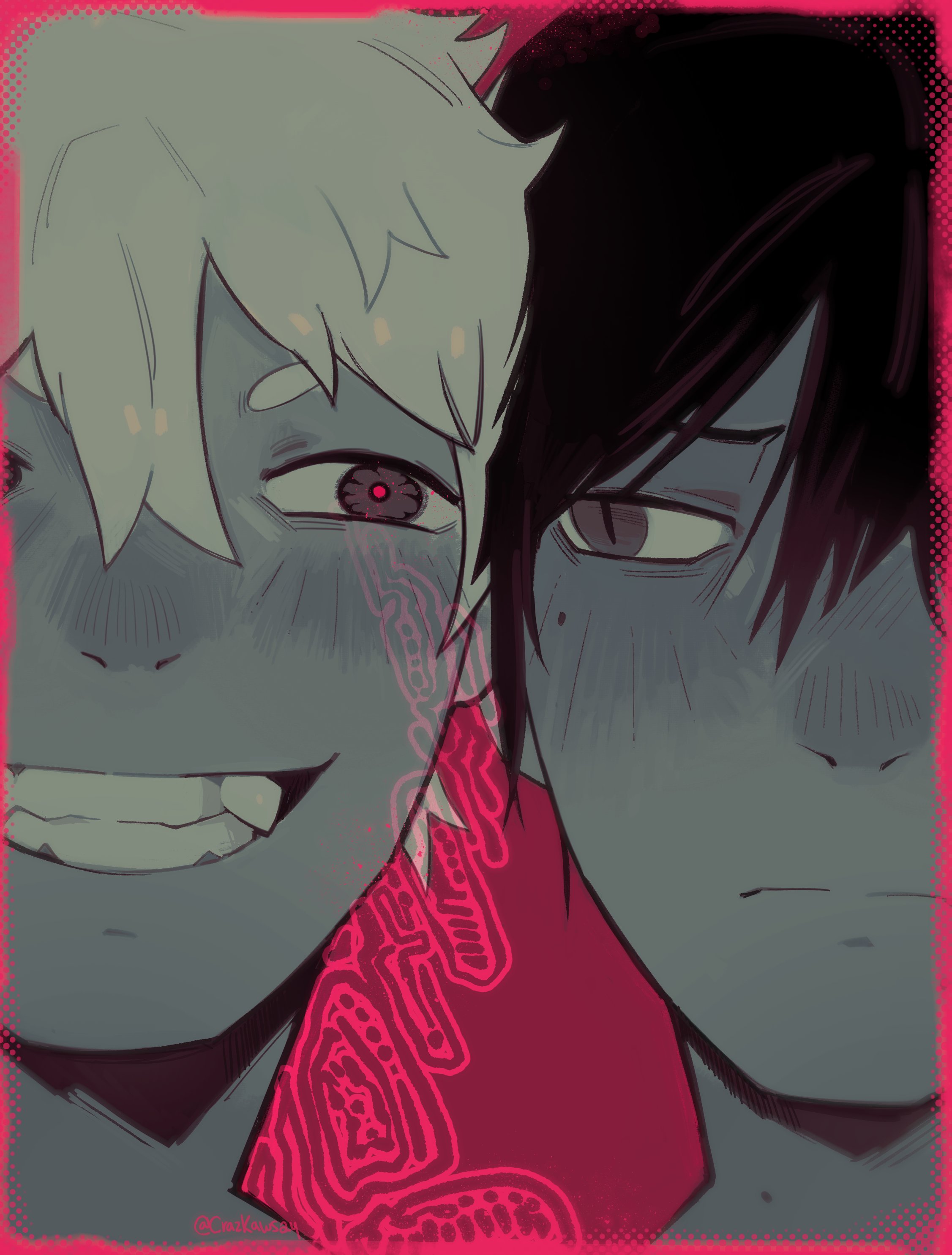indou hikaru, tsujinaka yoshiki, hikaru ga shinda natsu, absurdres, commentary, highres, 2boys, black hair, blush, border, closed mouth, crazkawsay, fang, frown, grin, hair between eyes, male focus, multiple boys, parted bangs, pink border, portrait, red pupils, short hair, slit pupils, smile, teeth, white hair