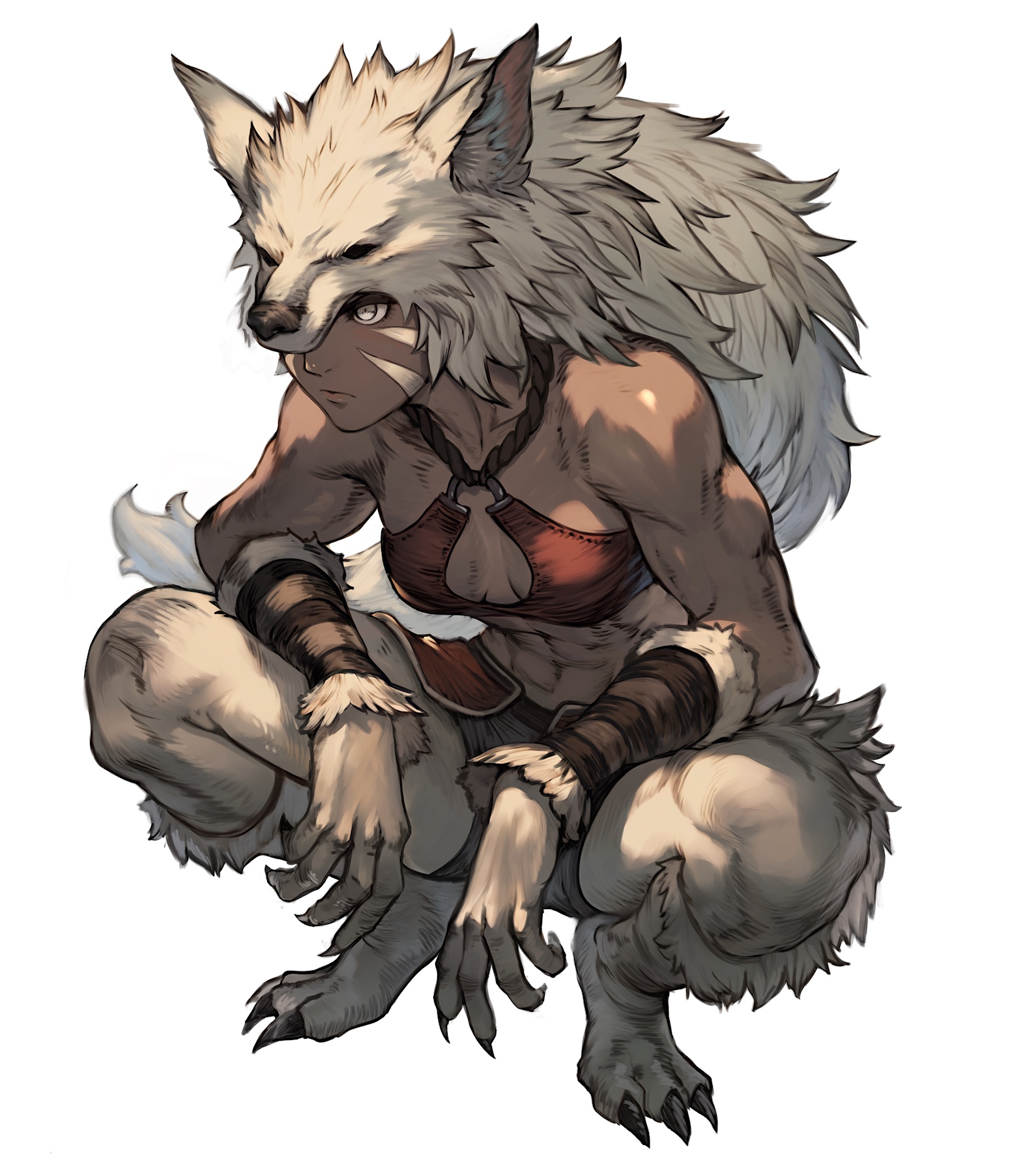 dojen, original, commentary, highres, 1girl, breasts, claws, closed mouth, crop top, dark-skinned female, dark skin, facial mark, grey eyes, looking ahead, medium breasts, one eye covered, pelt, simple background, solo, squatting, toned, toned female, white background