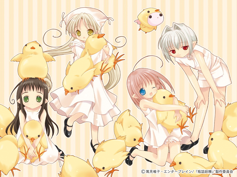 kururu (binzume yousei), tokumi yuiko, chiriri (binzume yousei), hororo (binzume yousei), kururu (bottle fairy), oboro (binzume yousei), oboro (bottle fairy), sarara (binzume yousei), binzume yousei, 00s, 4girls, baby animal, bird, chick, loli, mary janes, multiple girls, shoes