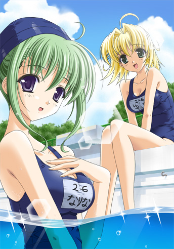 lowres, 2girls, multiple girls, name tag, one-piece swimsuit, pool, school swimsuit, swimsuit