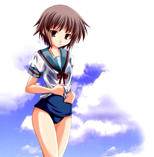 nagato yuki, suzumiya haruhi no yuuutsu, 00s, 1girl, female focus, no pants, one-piece swimsuit, school swimsuit, school uniform, serafuku, short hair, solo, swimsuit, swimsuit under clothes