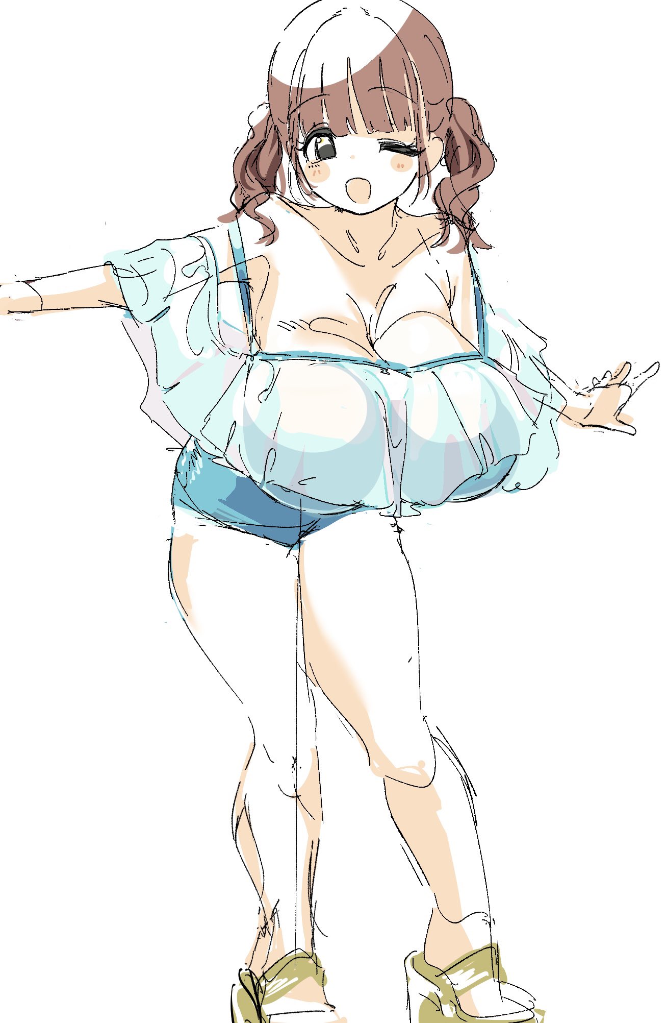 osakana (kitasisn), sugimori futaba (osakana), original, commentary request, highres, 1girl, :d, black eyes, blue one-piece swimsuit, blunt bangs, blush, breasts, brown hair, cleavage, collarbone, full body, huge breasts, leaning forward, one-piece swimsuit, one eye closed, open mouth, sandals, simple background, sketch, smile, solo, swimsuit, twintails, white background