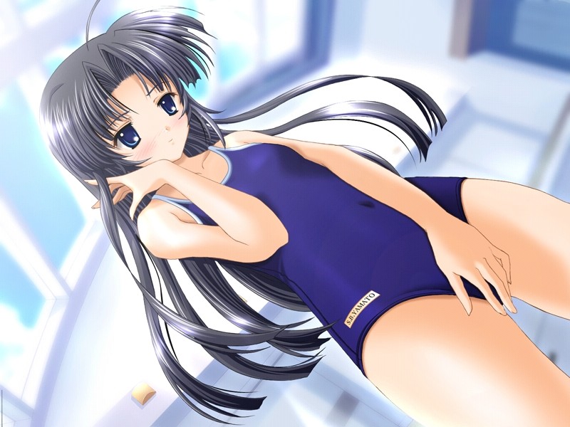 akisoba, ishibashi-hime, sukumizu ~fecchi ni narumon!~, game cg, 1girl, ahoge, black hair, blue eyes, blue one-piece swimsuit, blue school swimsuit, blush, breasts, cloud, collarbone, competition school swimsuit, covering crotch, covering privates, dutch angle, female focus, long hair, name tag, one-piece swimsuit, school swimsuit, sky, small breasts, solo, standing, swimsuit, window