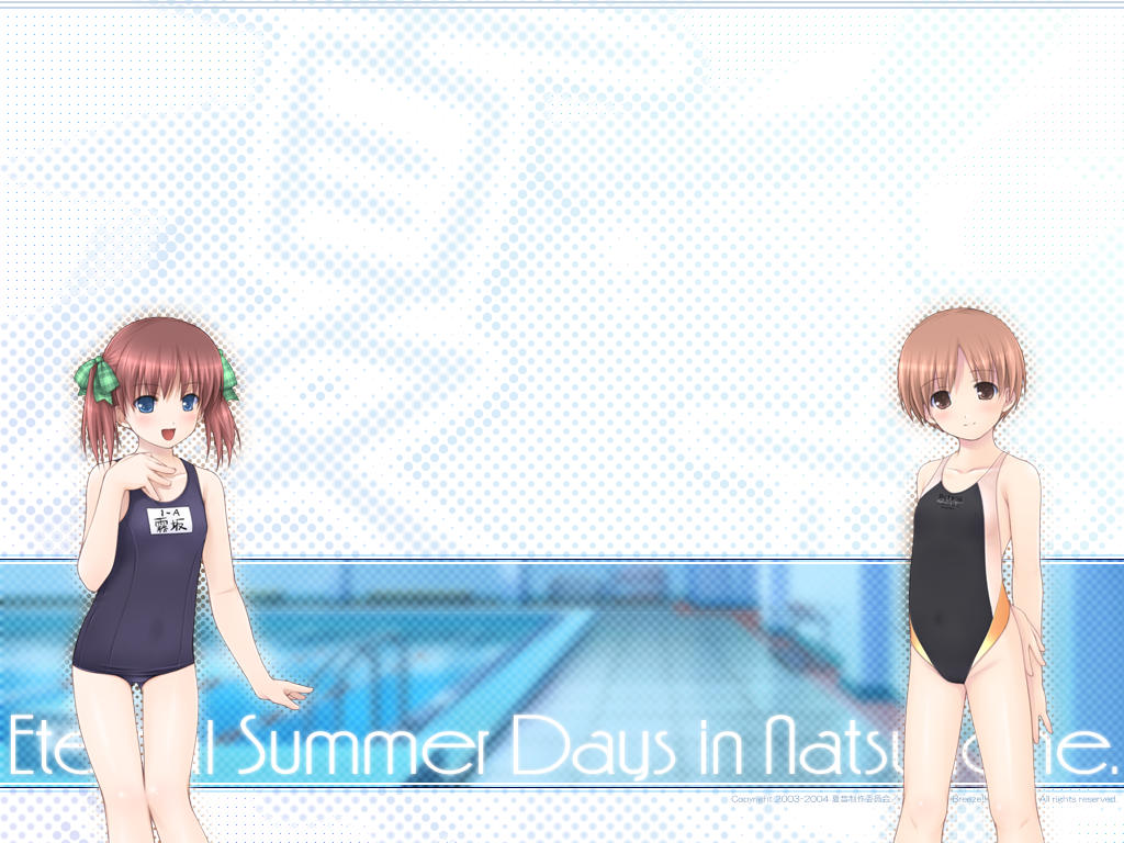 ooji, hoshizaki anon, kirisaka suzuna, natsunone, 2girls, arms behind back, bench, black one-piece swimsuit, blurry, blush, competition swimsuit, covered navel, english text, flat chest, hand on own chest, indoors, loli, looking at viewer, multiple girls, name tag, navel, one-piece swimsuit, polka dot, polka dot background, pool, pool ladder, school swimsuit, short hair, short twintails, smile, standing, swimsuit, text background, text focus, twintails, vanishing point