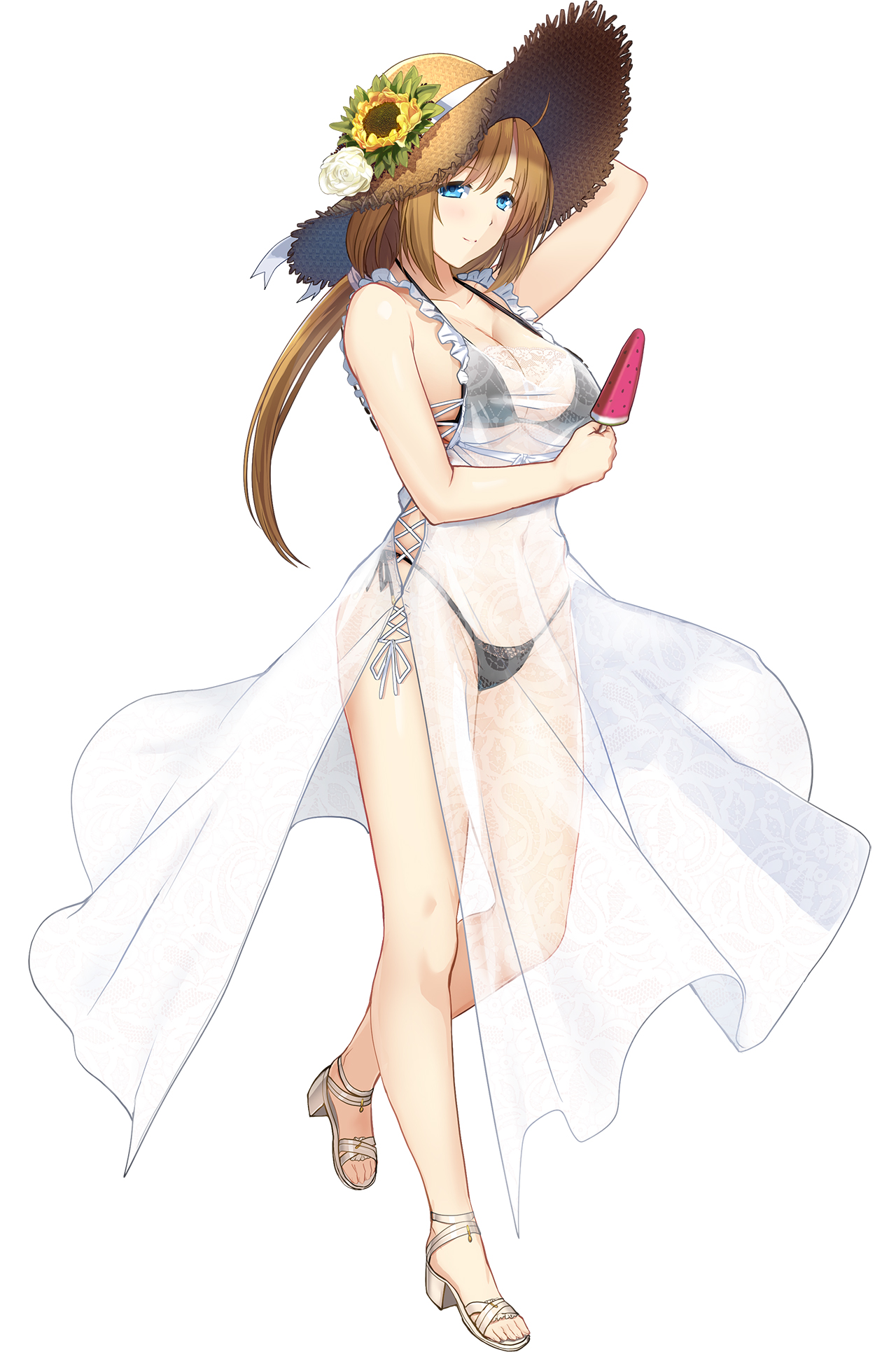 onigirikun, takamori haruka, choukou (alicesoft), choukou sennin haruka, choukou taisen escalation heroines, highres, official art, 1girl, bikini, black bikini, blue eyes, breasts, brown hair, cleavage, dress, food, fruit, hat, looking at viewer, official alternate costume, sandals, see-through clothes, see-through dress, smile, solo, sun hat, swimsuit, tachi-e, watermelon, watermelon slice