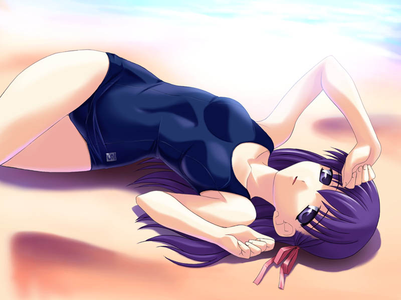 norizou type-r, matou sakura, fate/stay night, fate (series), duplicate, 00s, 1girl, alternate costume, arm up, beach, blue one-piece swimsuit, breasts, clenched hands, crossed legs, day, female focus, from above, hair ribbon, long hair, looking at viewer, lying, ocean, on back, on ground, one-piece swimsuit, outdoors, parted lips, purple eyes, purple hair, ribbon, school swimsuit, small breasts, solo, swimsuit, water