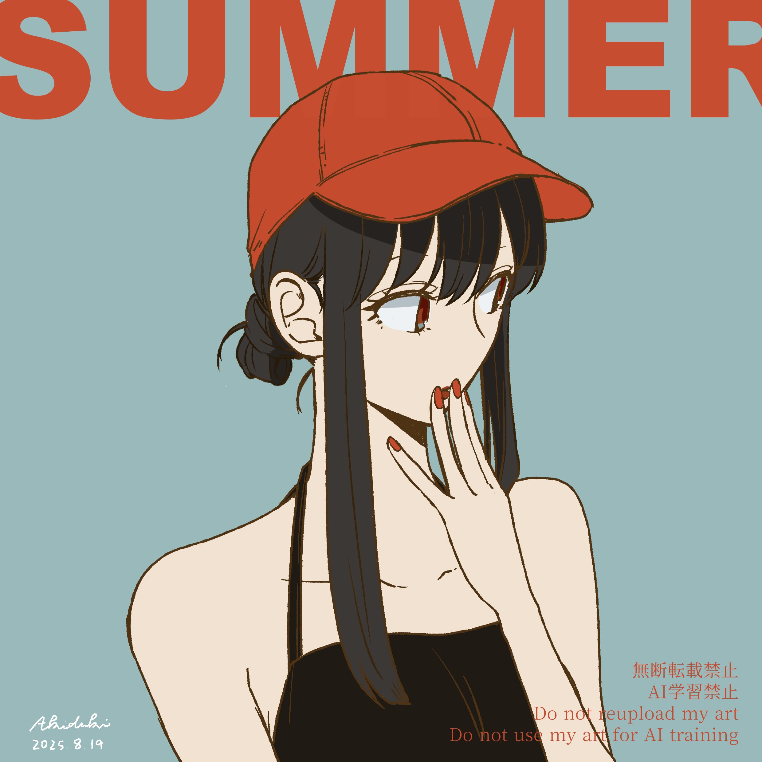 akdk831, yor briar, spy x family, absurdres, highres, 1girl, artist name, bare arms, black hair, black shirt, breasts, cowboy hat, dated, grey background, hair bun, halterneck, hand to own mouth, hat, long hair, looking to the side, medium breasts, nail polish, parted lips, red eyes, red hat, red nails, shirt, sidelocks, summer, updo, upper body