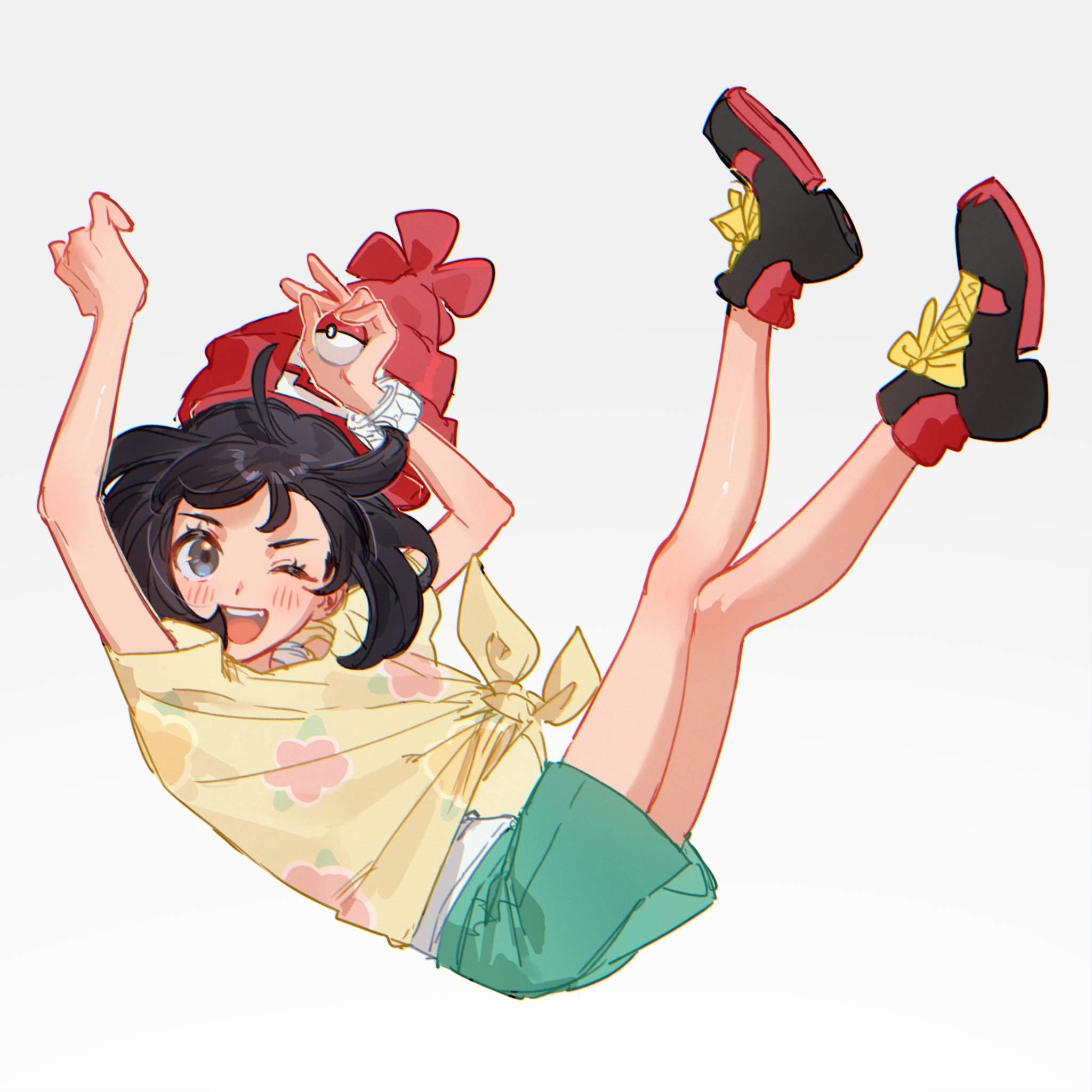 fua1heyvot4ifsr, selene (pokemon), nintendo, pokemon, pokemon sm, highres, 1girl, beanie, black hair, blue eyes, blush, floral print, full body, green shorts, hat, holding, holding poke ball, one eye closed, open mouth, poke ball, poke ball (basic), red hat, shirt, shoes, short hair, short sleeves, shorts, simple background, smile, sneakers, tied shirt, yellow shirt, z-ring