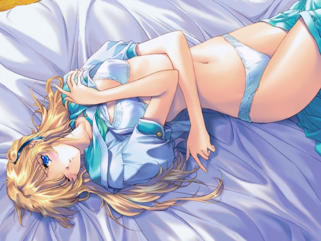 min-naraken, honami yui, see in ao, game cg, 1girl, bed, bed sheet, blonde hair, blue eyes, blush, bra, clothes lift, clothes pull, dutch angle, female focus, flat chest, from above, hair ribbon, lingerie, long hair, lying, navel, on back, one eye closed, open mouth, panties, ribbon, school uniform, serafuku, shirt lift, skirt, skirt pull, solo, underwear, white bra, white panties, wink