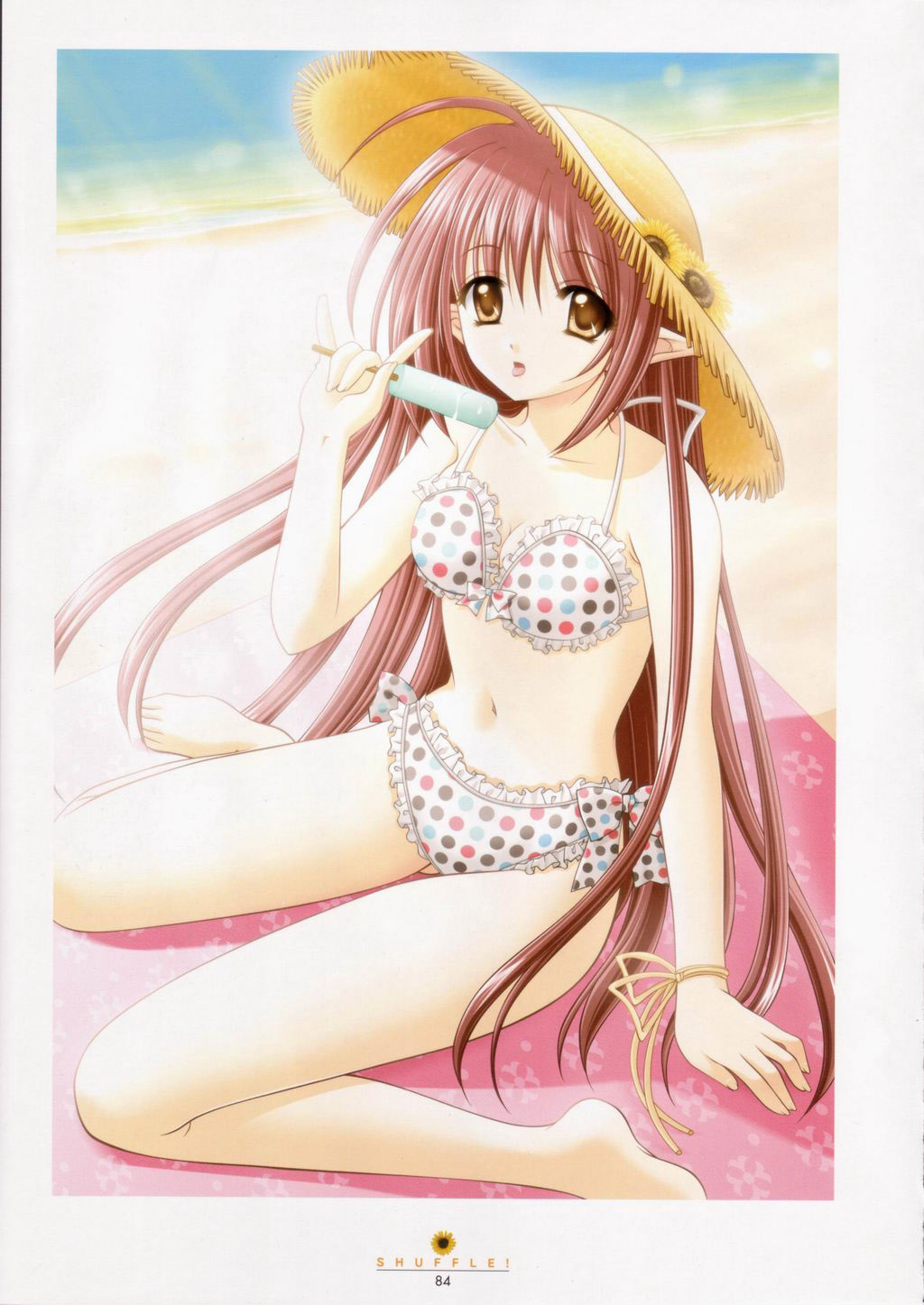 mizutama, lisianthus, shuffle!, highres, official art, scan, beach, bikini, bra, brown hair, flower, hat, lingerie, panties, polka dot, polka dot bra, polka dot panties, popsicle, straw hat, swimsuit, underwear, yellow eyes